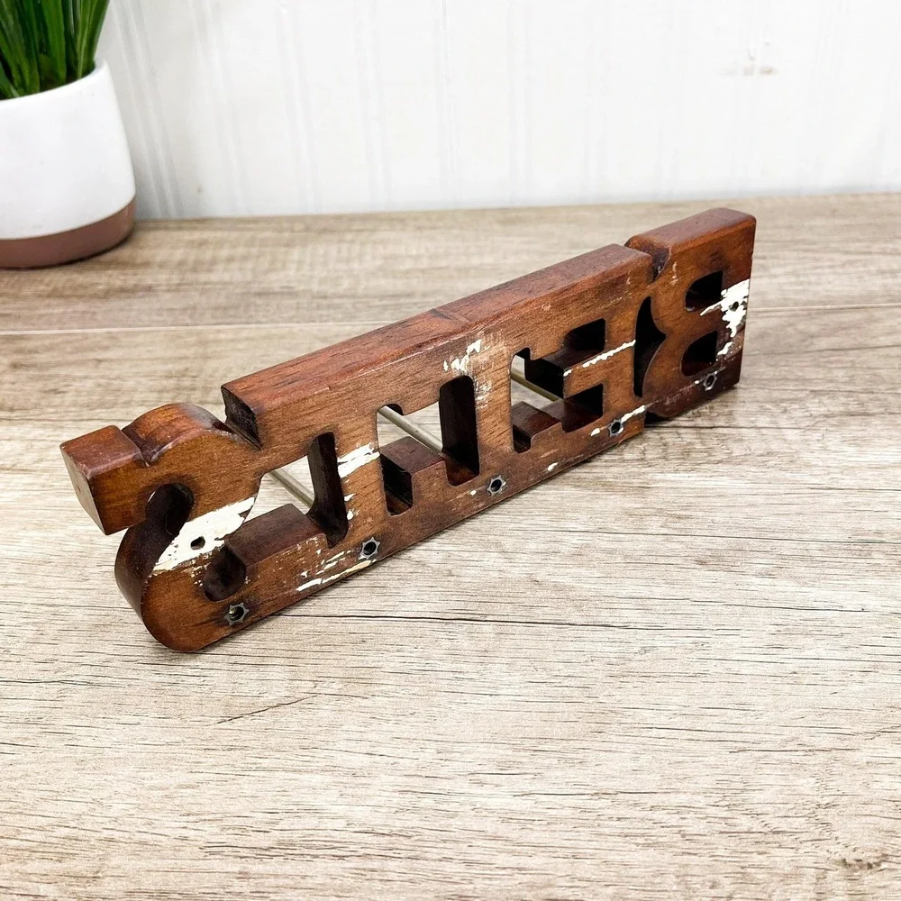 Vintage Wooden Belt Rack:‎ 5 Brass Pegs